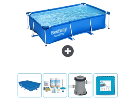 Piscina BESTWAY Rectangular Steel Pro - 259 x 170 x 61 cm - Azul - Incluida Cubrir - Paquete de mantenimiento - Bomba - Baldosas