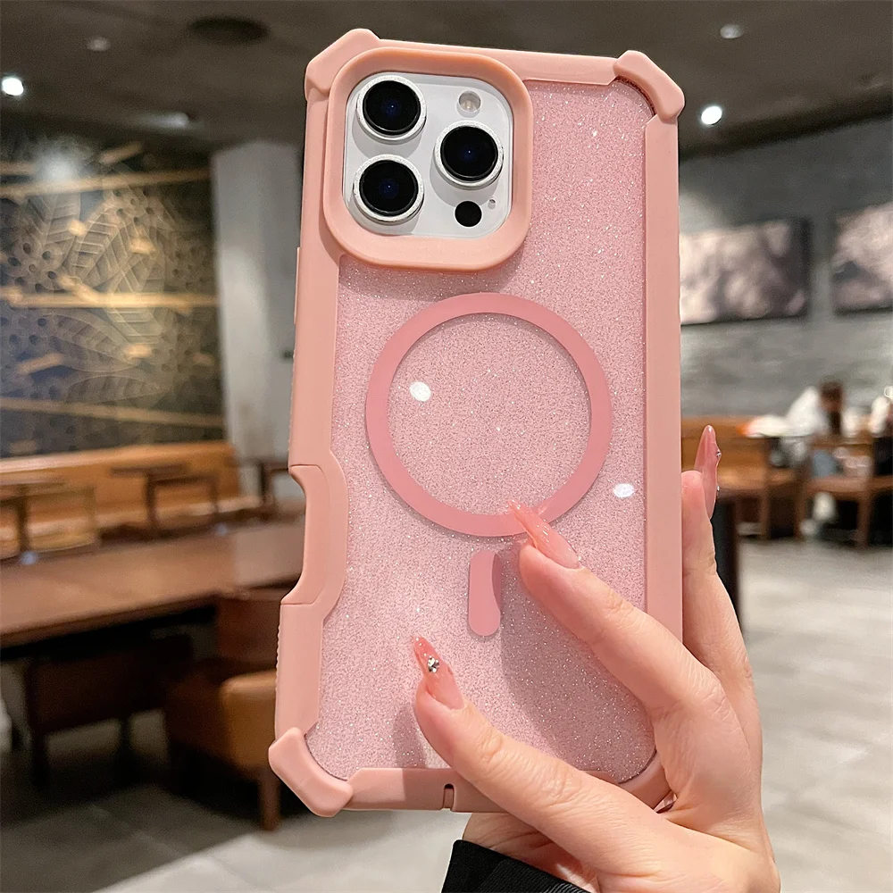 (iphone 16 Pro, Rosa) Funda Magnética Magsafe Con Purpurina Para Iphone, Protección Contra Caídas.