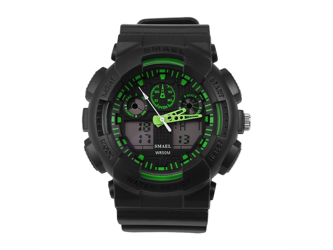 Reloj Deportivo Smael Con Doble Pantalla Analógica Y Digital Led Y Correa De Plástico Negra Y Verde.