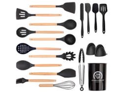Conjunto de Utensílios de Cozinha 19 Peças Conjunto de Panelas Resistentes Ao Calor de Silicone com Cabo de Madeira-Preto GERTIZ