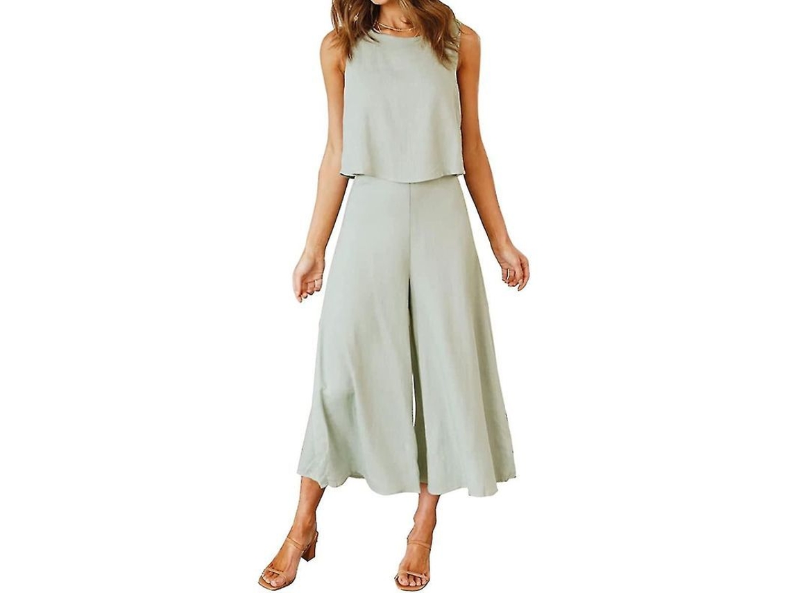 2026-conjunto De 2 Piezas Para Mujer Roylamp Verano: Top Básico De Cuello Redondo Y Pantalones Anchos Cropped