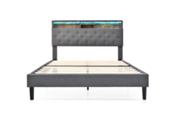 Cama doble tapizada en lino de 140 x 200 cm con LED y espacio de almacenaje - Somier de láminas - Gris