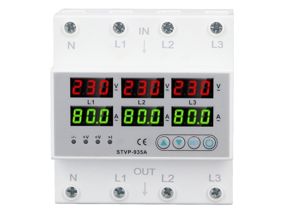 Protector Trifásico De 80 A Contra Sobretensiones Y Subtensiones Con Reinicio Automático Y Pantalla Digital, Para Montaje En Carril Din.