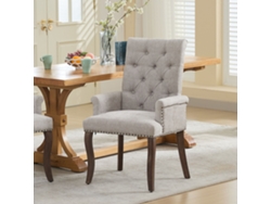 Silla De Comedor Tapizada En Chenilla Beige Con Patas De Madera Curvadas.