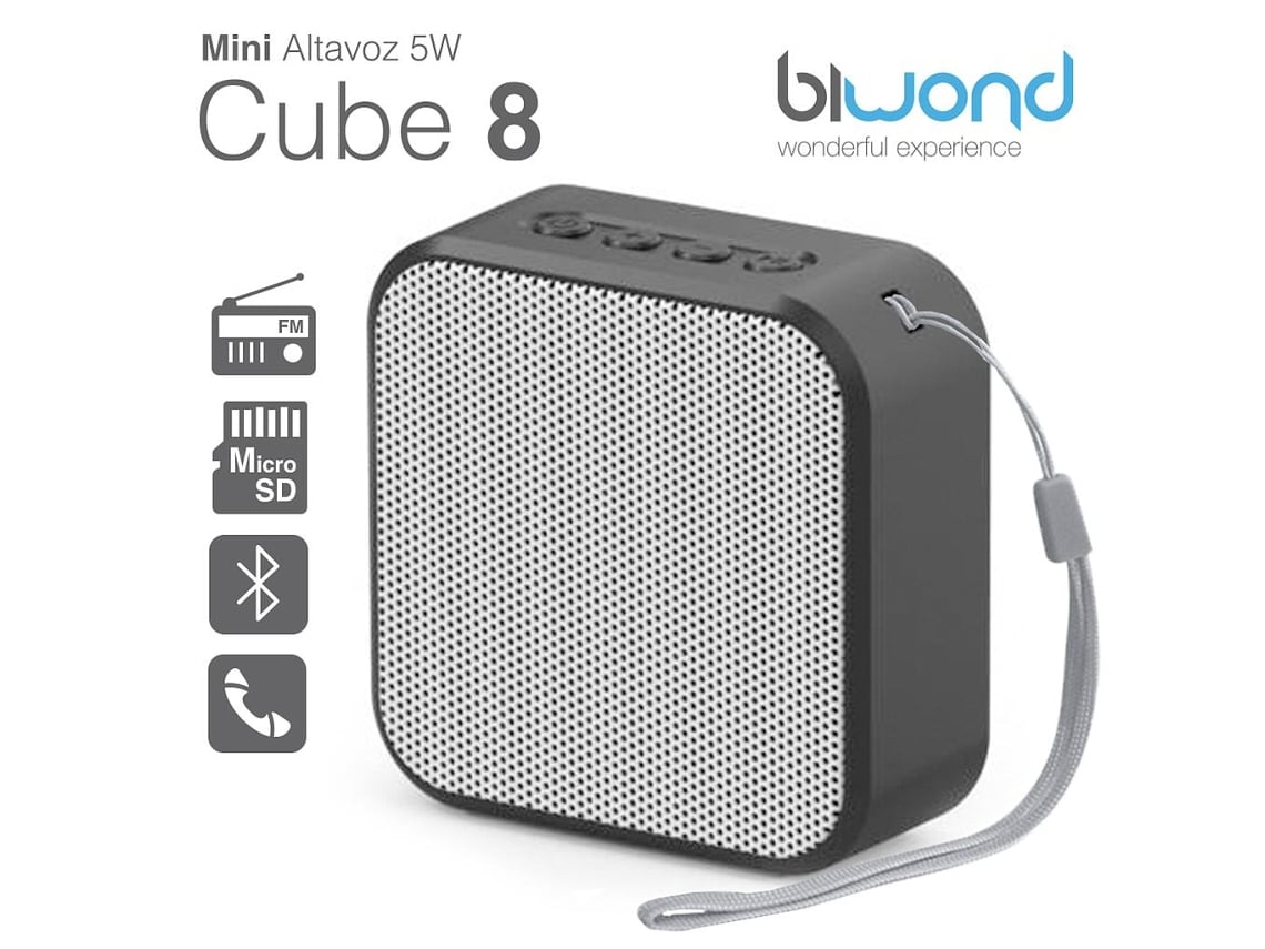 Altavoz Bluetooth Biwond Mini 5W Cube 8 Varios Colores Aux Microsd Jack  Micrófono Radio Fm 600Mah Negro