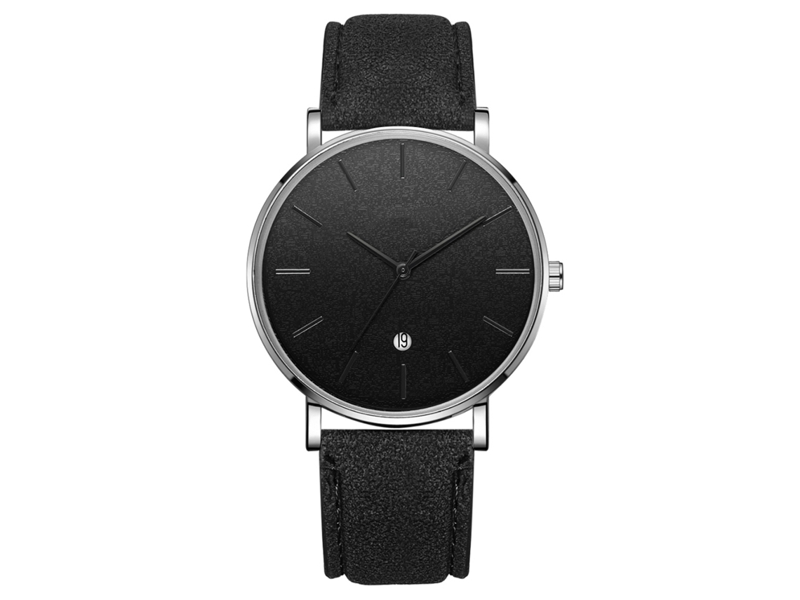 Reloj analógico de cuarzo con brazalete y esfera redonda (correa negra, caja plateada)
