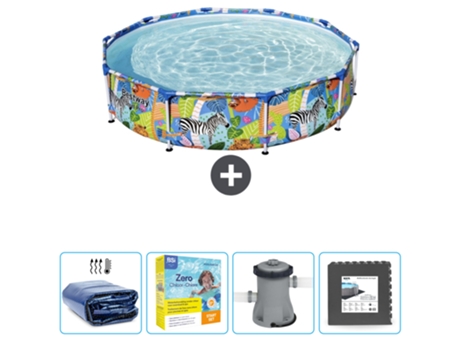 Piscina BESTWAY Round Steel Pro - 305 x 66 cm - Estampado Selva - Incluida Vela solar - Paquete de mantenimiento - Bomba - Baldosas