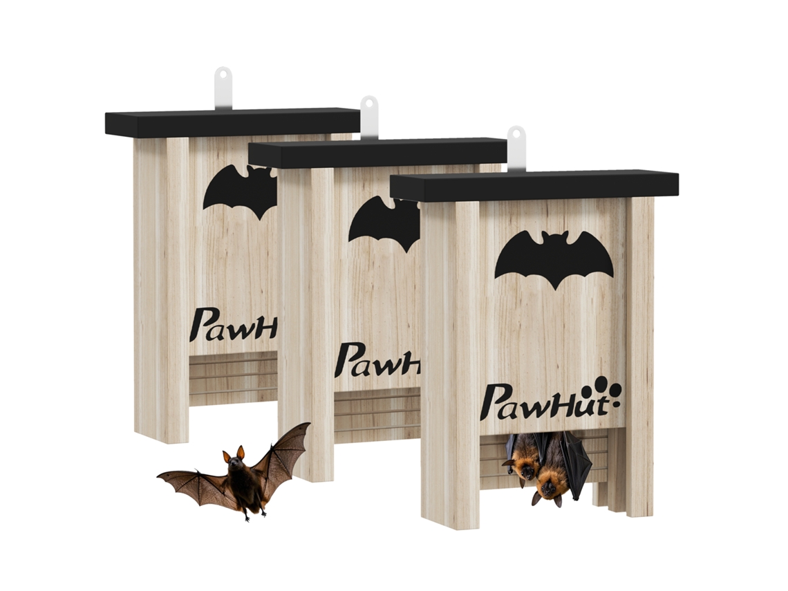Juego de tres casitas para pájaros o murciélagos con gancho de madera natural, 18 x 6 x 22,5 cm