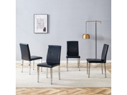 4 Sillas Comedor, Piel Sintética Negra, Patas Metal Plateado