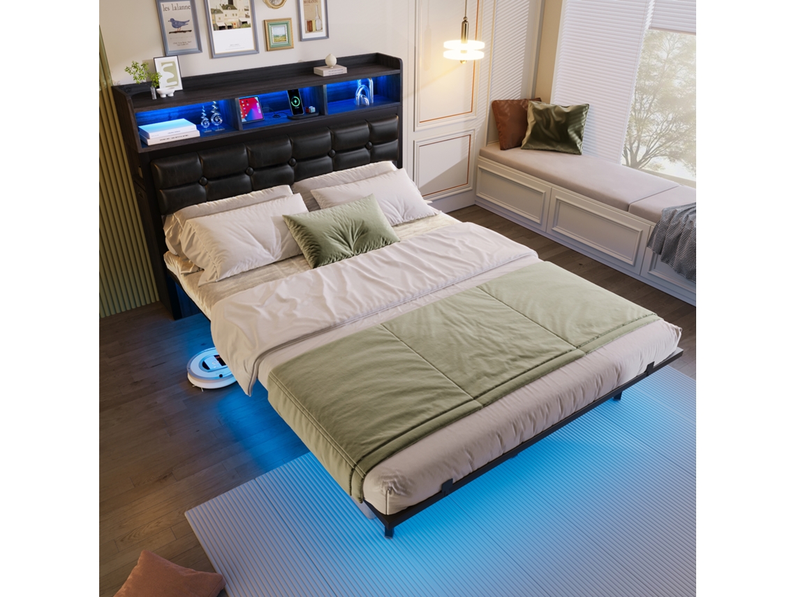 Cama Doble De 140x190 Cm, Tapizada En Tela, Con 2 Mesitas De Noche, Usb-c Y Luz Led Gris.
