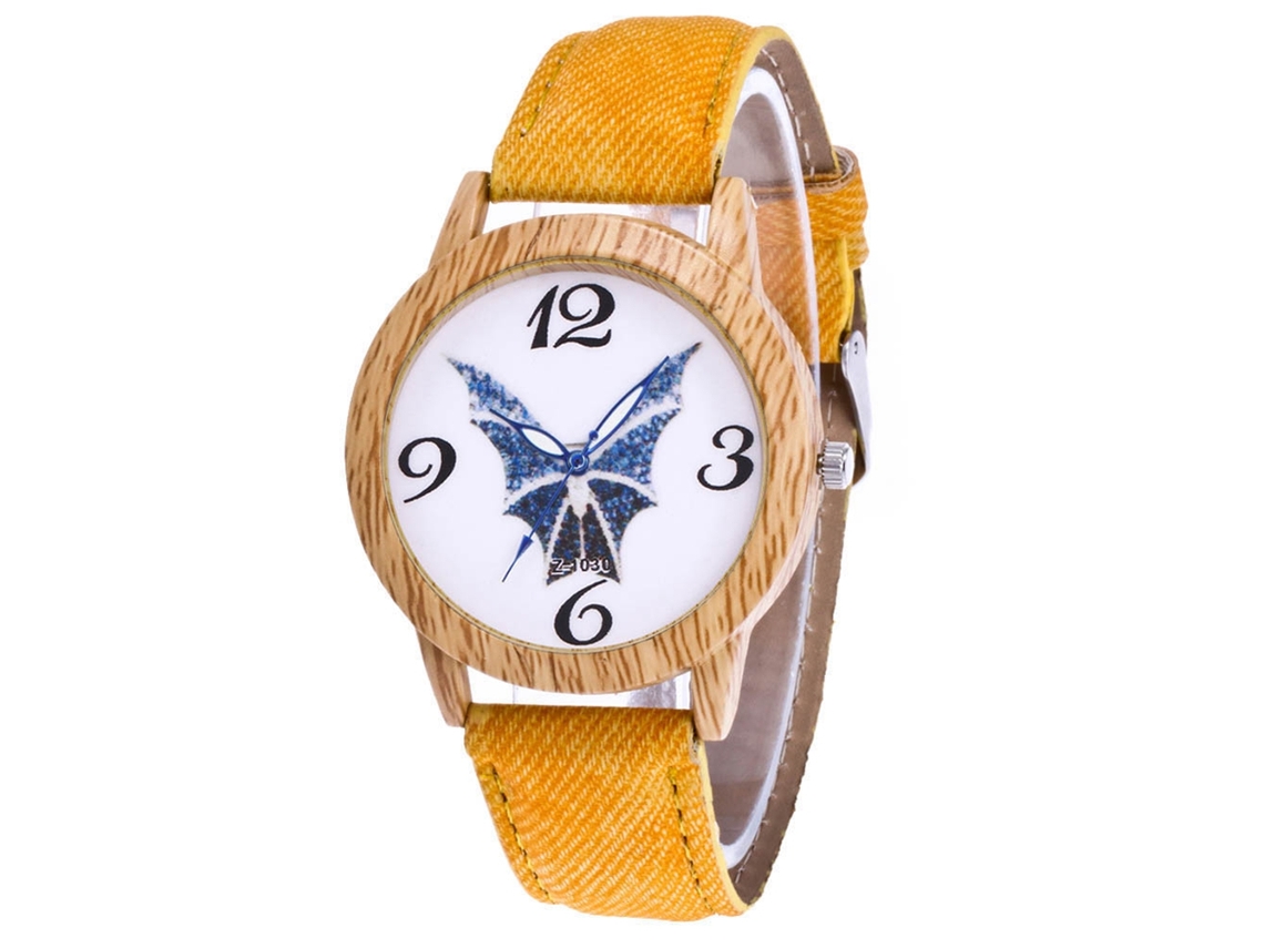 Reloj De Cuarzo Unisex De Piel Denim Con Textura De Madera Zhoulianfa (amarillo)