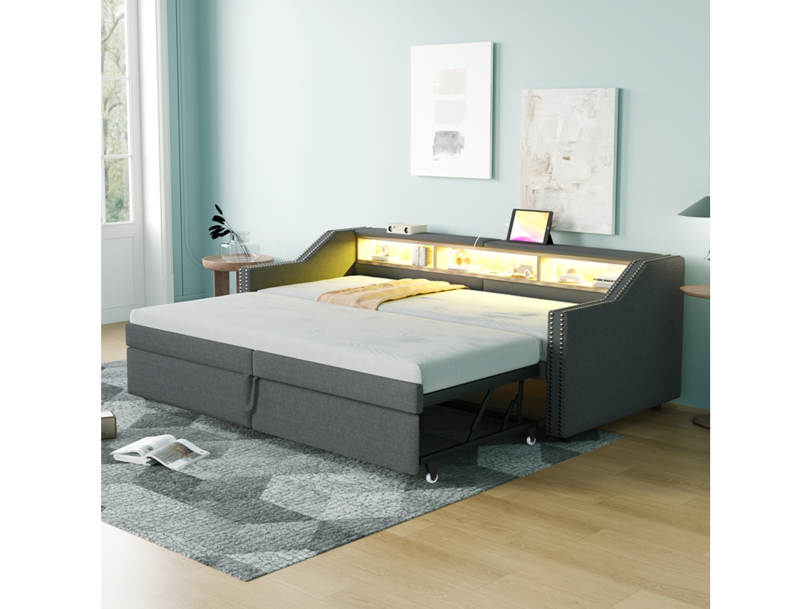 Sofá Cama Extensible De 90/180x200 Cm, Con Compartimento De Almacenamiento, Led, Usb, Somier De Láminas Incluido, Tapizado En Tela Gris Oscuro.