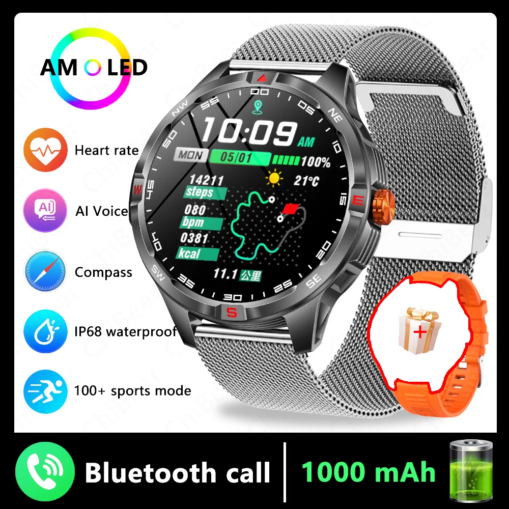 Reloj Inteligente (correa De Malla Plateada), Navegación Gps, Brújula, Resistente Al Agua, Ideal Para Deportes Y Fitness.