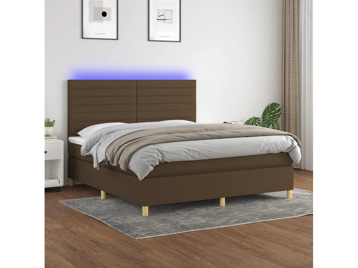 Syfax™ Cama Box Spring Colchón Luces Led Tela Marrón Oscuro 180x200cm