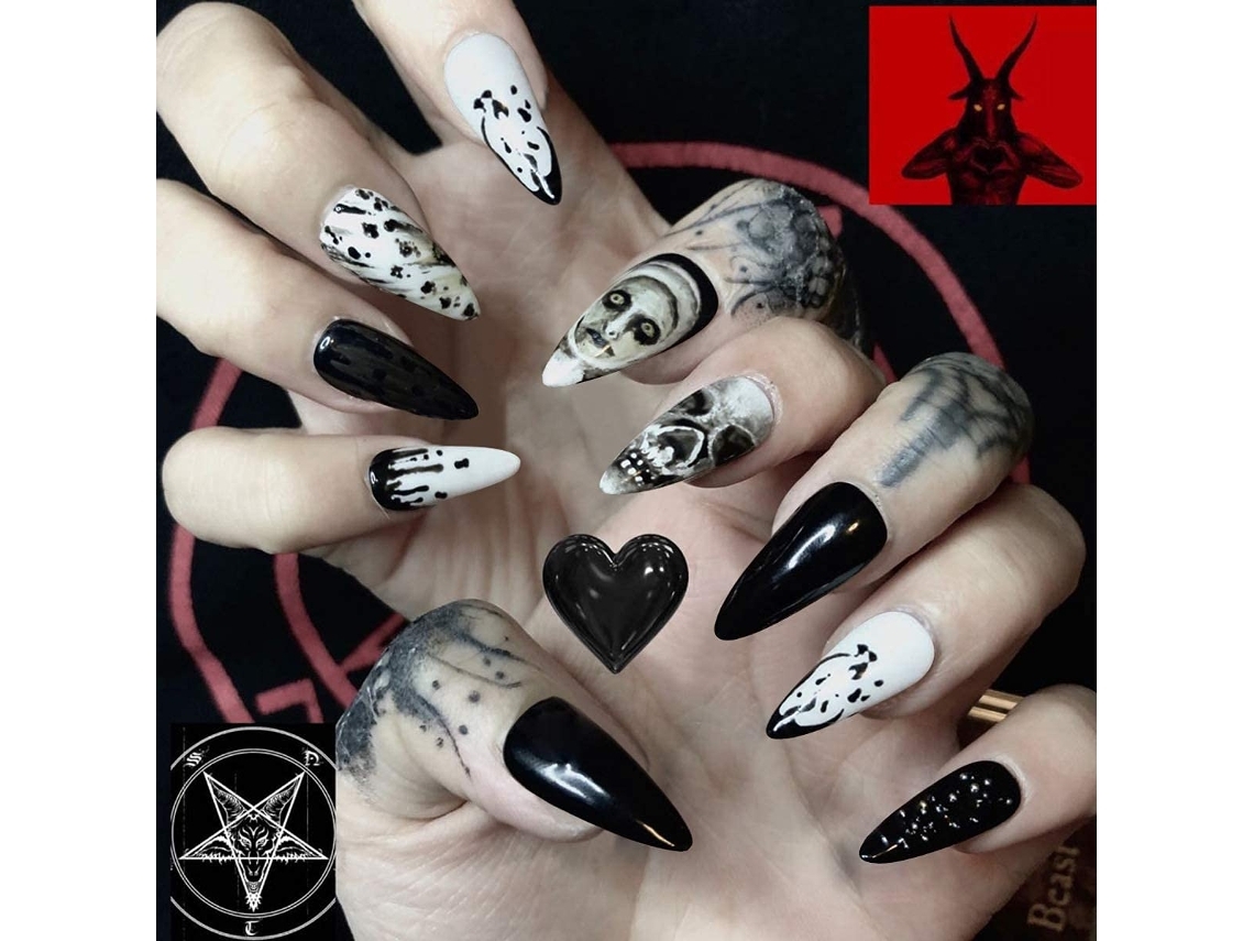 Uñas Acrílicas Postizas Con Forma De Ataúd, Cobertura Total, Juego De 24 Piezas, Calavera Negra*