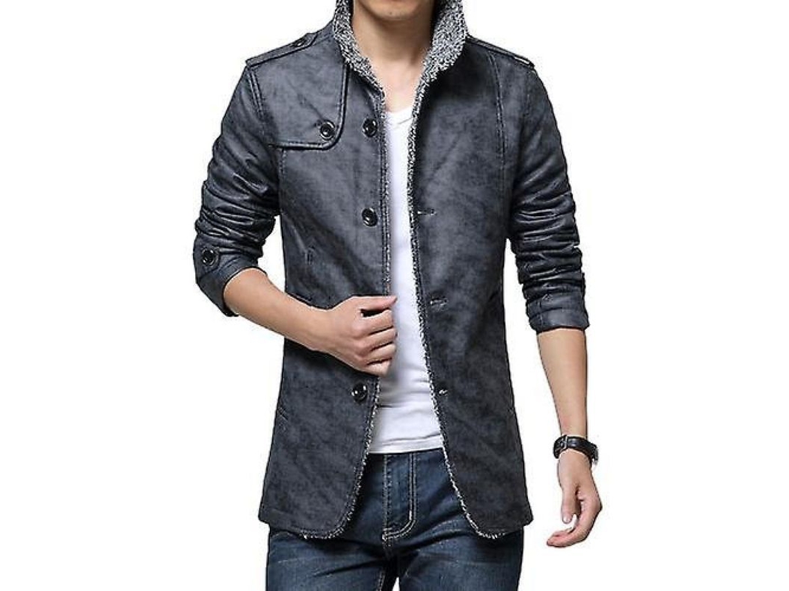 2026-chaqueta De Cuero De Invierno Para Hombres Abrigo Largo Antiviento Casual Con Pelo Suave Talla Regular Bmn Xl Gris