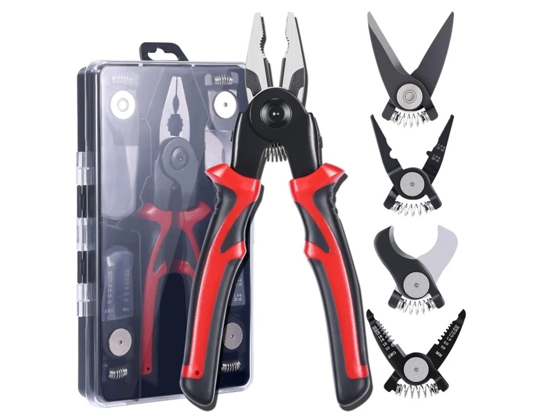 Juego de alicates 5 en 1 con cabezal intercambiable: alicates para cables y pelacables (rojo y negro)