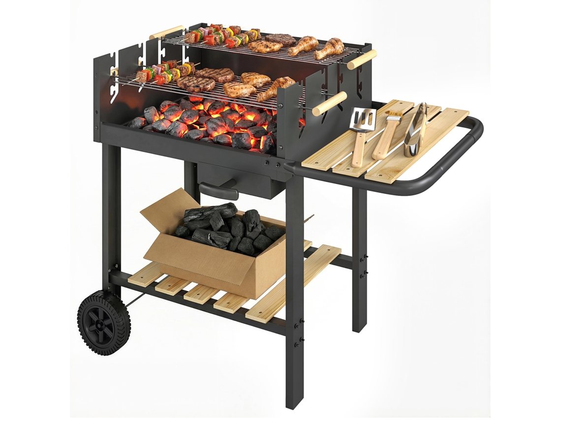Carro Para Parrilla De Carbón Con Rejilla Regulable En Altura En 4 Posiciones, 2 Estantes Madera, 2 Ruedas, Contenedor Cenizas, 99,5 X 58 X 82 Cm