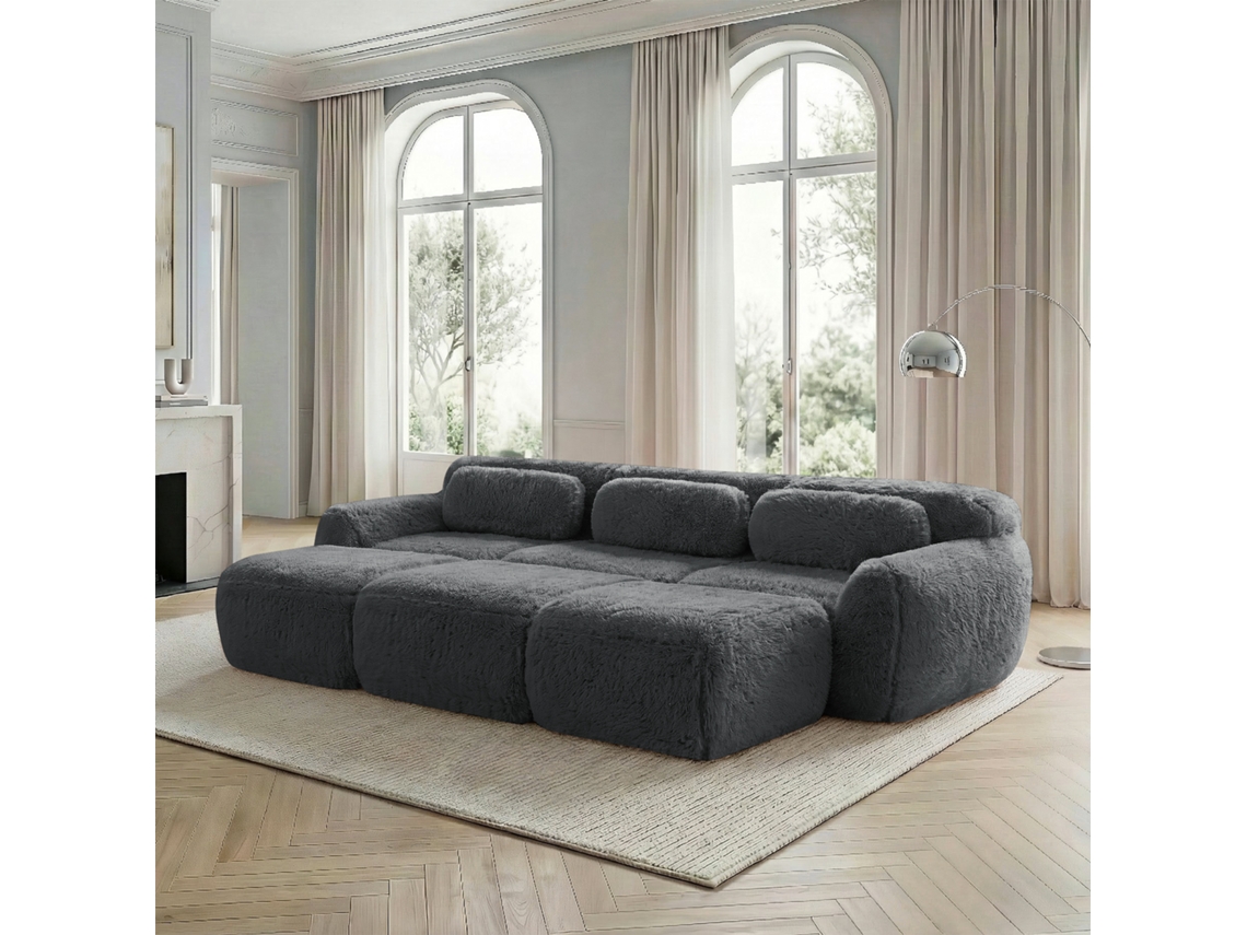 Sofá Modular - 3 Plazas - Tela De Felpa Suave, 3 Ottomans, Sofá Cama Cómodo - Gris