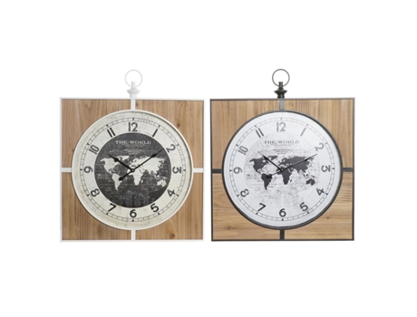 Reloj de Pared DKD HOME DECOR Negro Blanco Hierro Vintage 60 x 4,5 x 60 cm Madera MDF Mapamundi (2 Unidades)