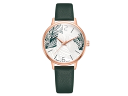 Reloj De Pulsera De Cuarzo Para Mujer Con Correa De Pu, Estampado De Hojas Y Esfera Redonda Verde.