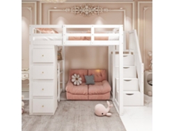 Cama Alta 140 X 200 Cm - Madera Maciza Multifuncional Con Cajones, Cómoda Con Estantes Y Escalera Segura - Blanco