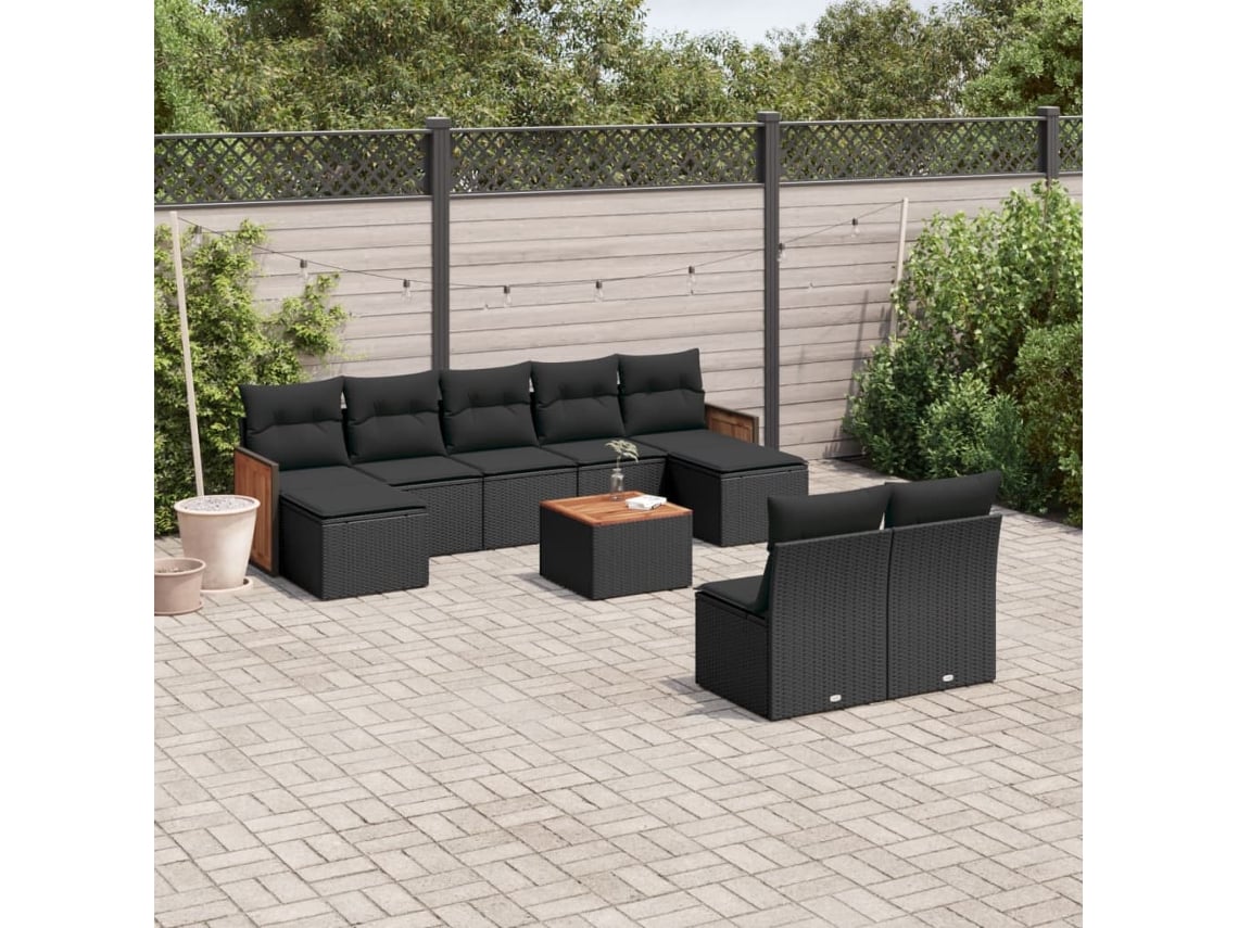 Conjunto de sofá de jardín de 10 piezas con cojines en mimbre sintético negro de DKD Home Decor