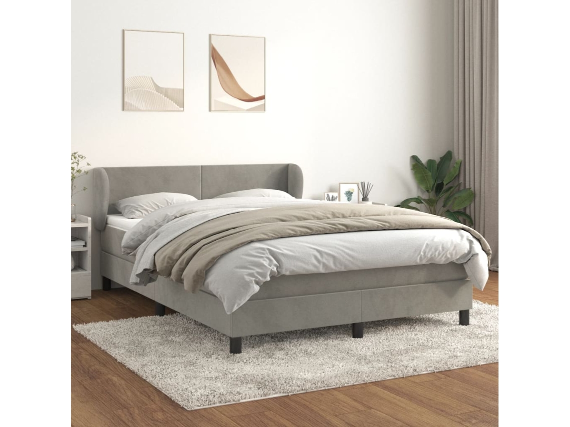 Cama Box Spring Con Colchón Terciopelo Gris Claro 140x190 Cm