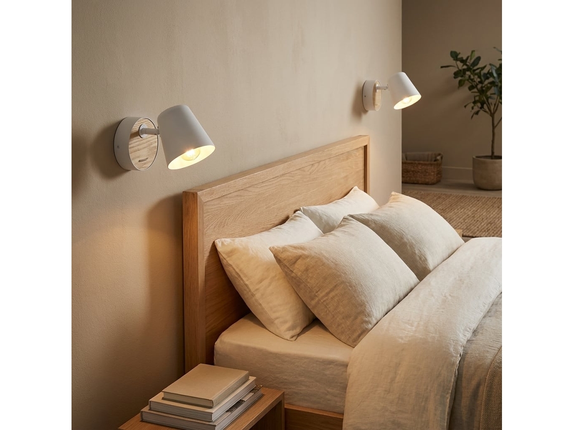 Aplique Nórdico E27 Orientable Con Interruptor, Metal Blanco Y Madera Para Dormitorio Y Lectura