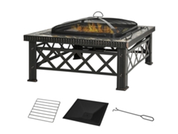 Brasero/fogata 3 En 1 Con Rejilla Protectora Contra Chispas, Parrilla Y Cubo Para Hielo - Barbacoa De Jardín - Negro - 76 Cm X 76 Cm X 47 Cm