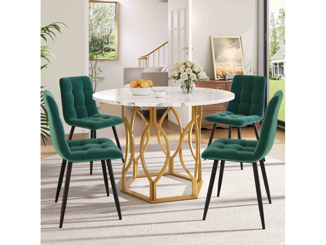 Juego de mesa de comedor de 5 piezas, mesa redonda de 100 cm con patas de metal dorado y sillas de terciopelo verde oscuro.