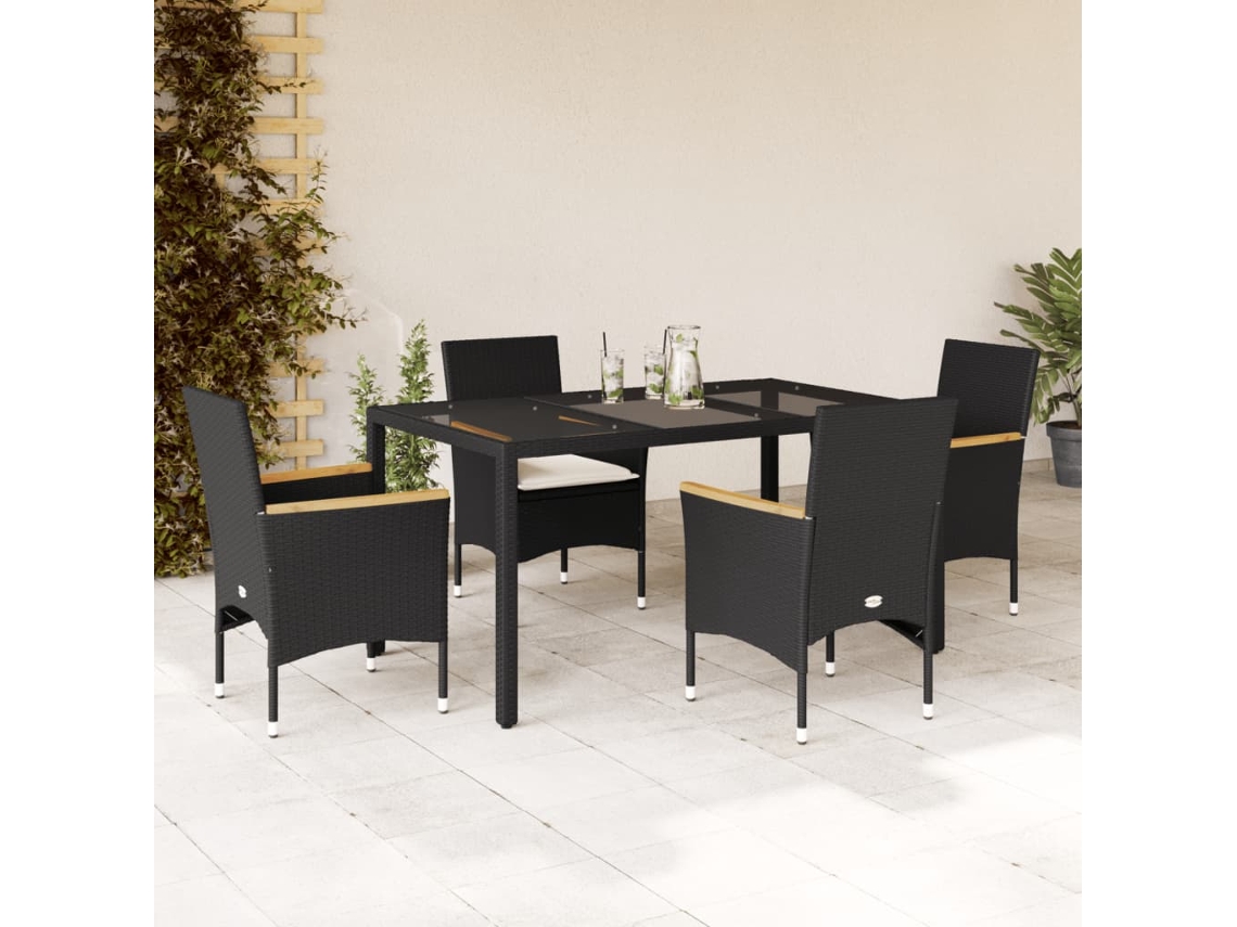 Juego de comedor de jardín de 5 piezas con cojines de mimbre negro y cristal de DKD Home Decor