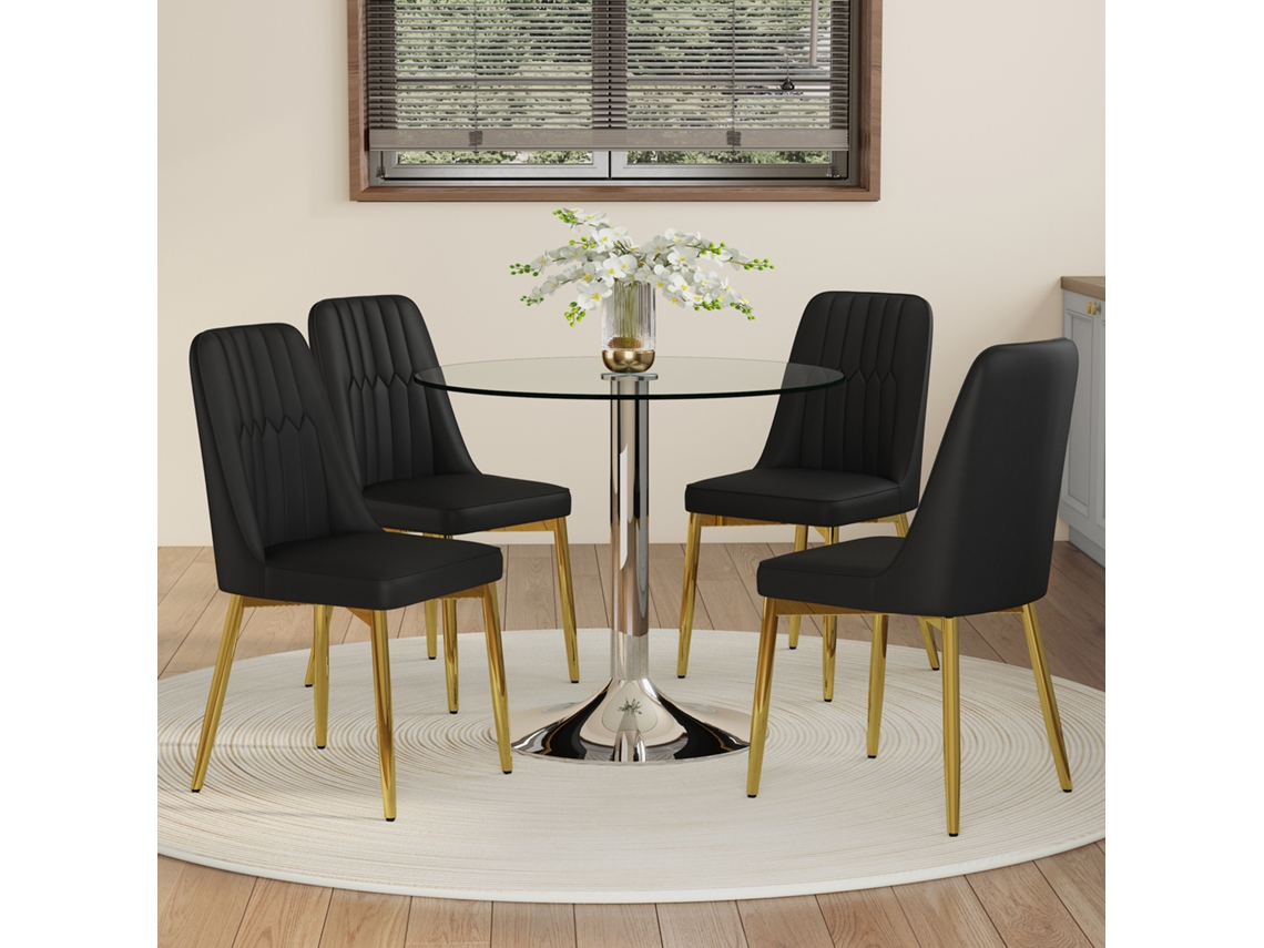 Conjunto Mesa Comedor 85 Cm - Vidrio Templado Y 4 Sillas Pu - Negro Y Dorado