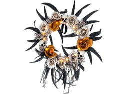 Decoración De Halloween Con Luces, Corona De Calavera, Adorno De Flores Artificiales Y Plumas Para La Puerta Principal.
