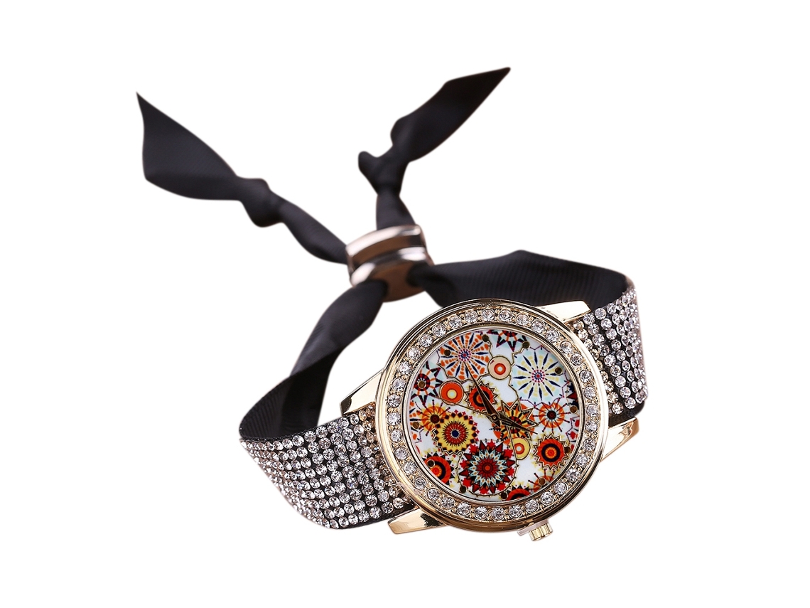 Reloj De Pulsera De Cuarzo Para Mujer Con Correa De Tela Y Diamantes De Imitación, Negro.