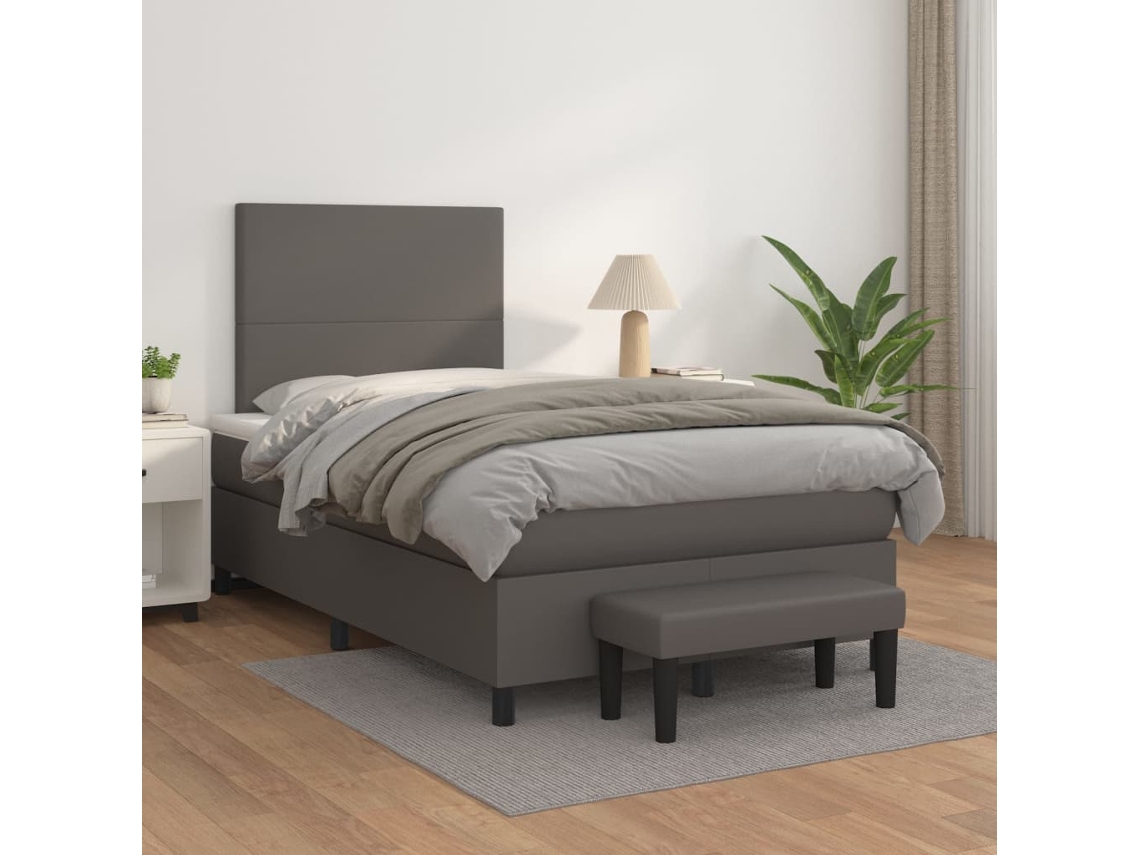 Cama Box Spring Con Colchón Cuero Sintético Gris 120x200 Cm
