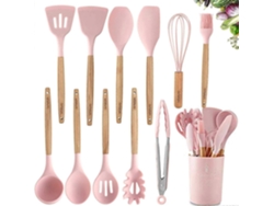 Juego de utensilios de cocina de silicona, 12 piezas, con mangos de madera, espátulas, cucharas, volteadores y pinzas, con soporte. Nostalgia88