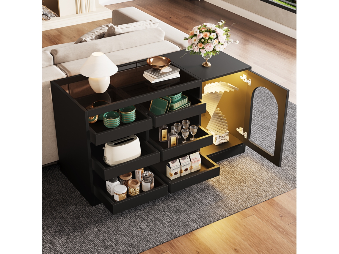 Cómoda, 120x40x75 Cm - Moderno, Con Luz Led, 6 Cajones, Puerta De Almacenamiento, Color Negro