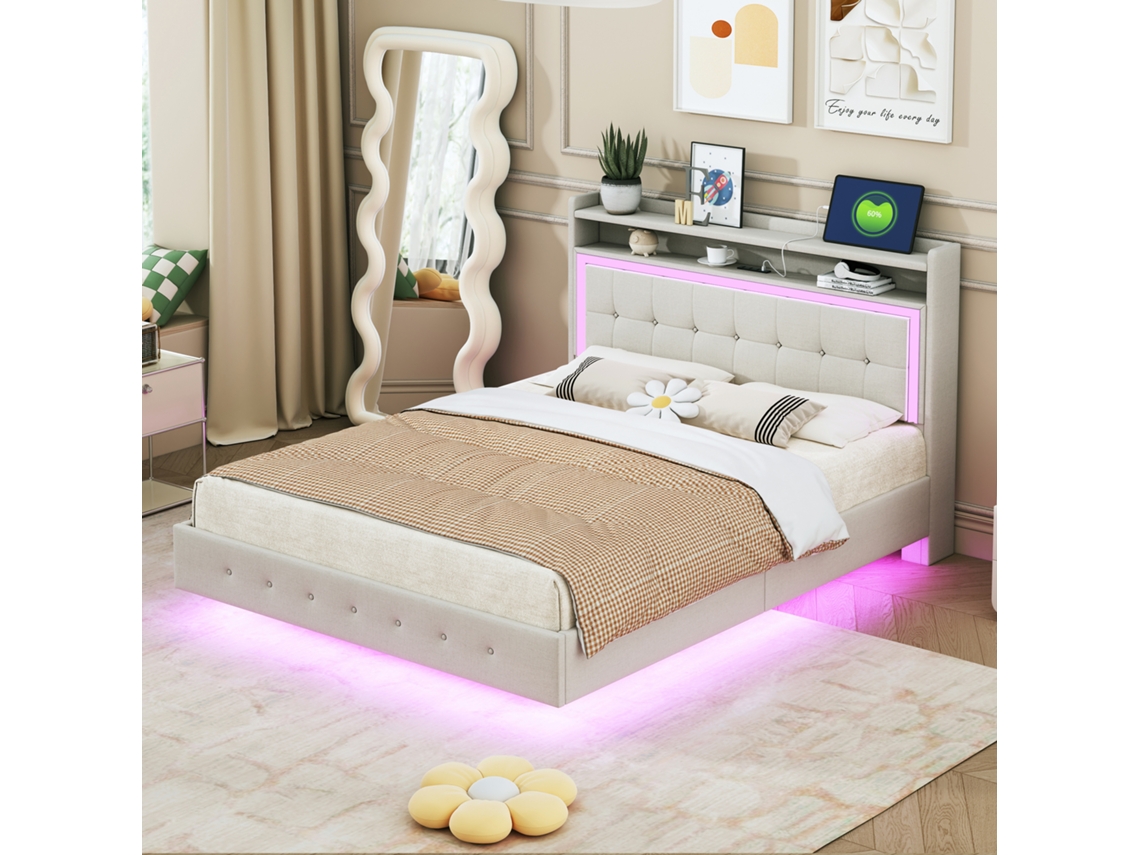 Cama Tapizada De 140x200 Cm Con Iluminación Led, Puerto Usb, Diseño Suspendido, Cabecero Reversible Y Ropa De Cama Beige.