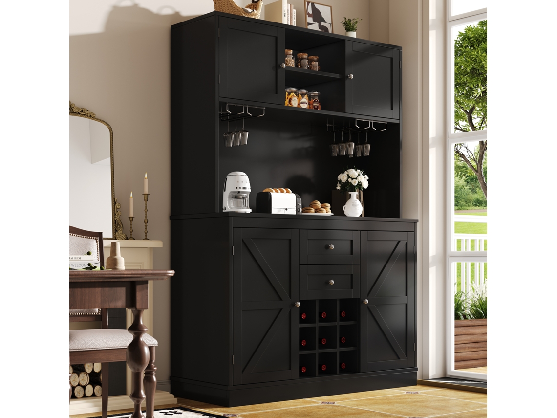 Armario Buffet Cocina Alto Con Estanterías Regulables, Bodega 4 Puertas Y 2 Cajones
