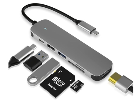 Hub Usb C Adaptador Dongle Usb C 6 En 1 Con Conexión Usb 3.0 Conexión 4K-Hdmi Lector De Tarjetas Usb C/Pd Sd/Tf Gris
