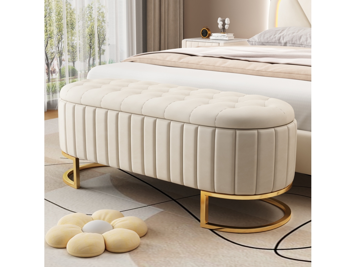 Saco De Dormir Con Almacenamiento Y Reposapiés De 120 X 40 Cm, De Tela De Terciopelo Beige.