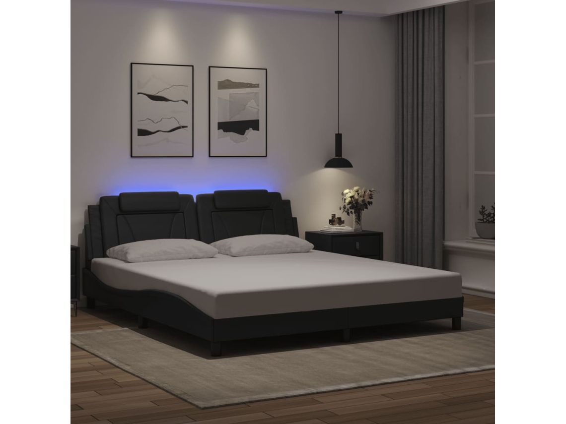 Estructura Cama Led Sin Colchón Cuero Sintético Negro 180x200cm