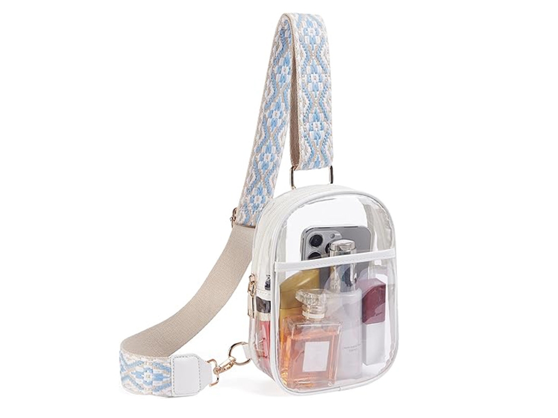 Bolso transparente de PVC para llevar en el pecho, al hombro o cruzado. Blanco, 20 x 14 x 5 cm. YUNZII