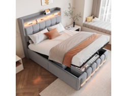 Cama De 140x200 Cm Con Cabecero Led Usb Y Estantes Para Ropa De Cama.