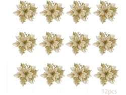 Omni-12pcs Flores De Navidad Artificiales, Poinsettias Con Brillo, Adornos Para Árbol De Navidad Dorados