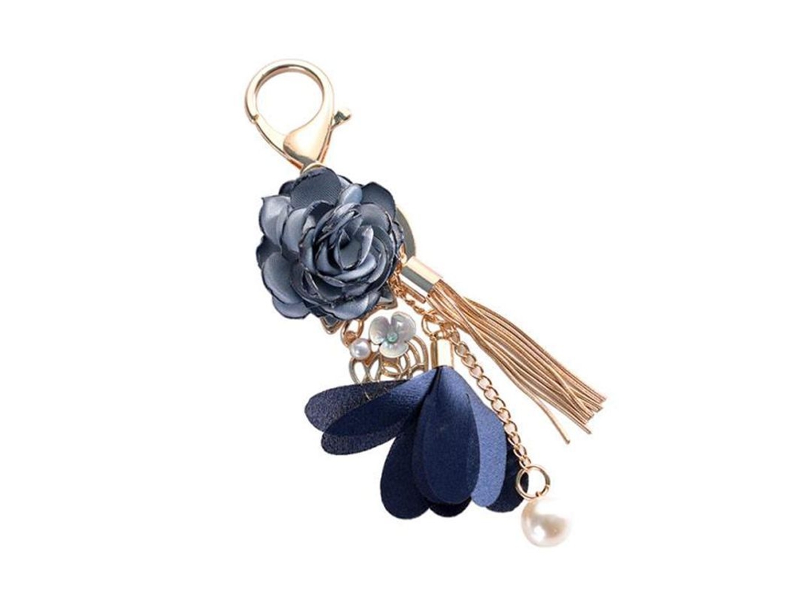 Llavero Con Flecos, Flor Y Perla De Imitación, Llavero Para Coche, Bolsa Azul