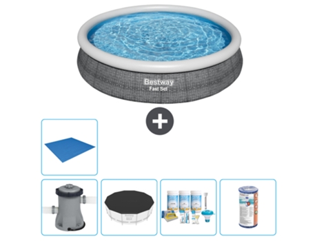 Piscina hinchable redonda Fast Set BESTWAY - Estampado ratán - 366 x 76 cm - Bomba incluida Cubrir - Paquete de mantenimiento - Filtrar - Suelo