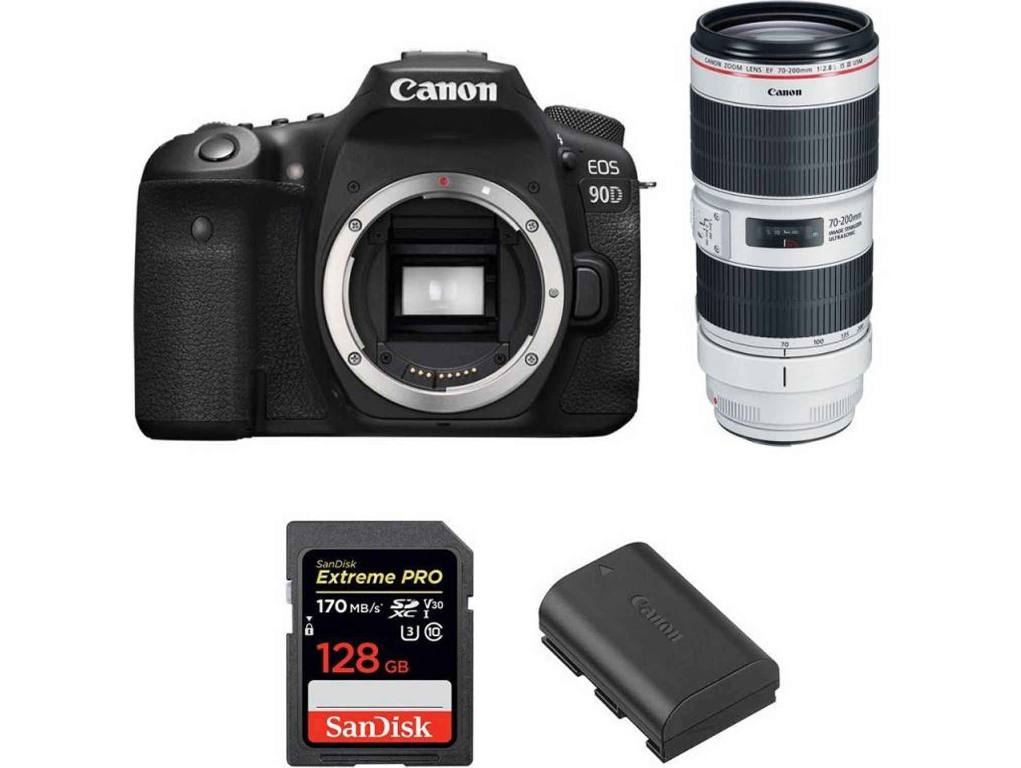 Kit Cámara CANON EOS 90D + EF 70-200mm f/2.8L IS III USM + SanDisk 128 GB + Batería (APS-C)