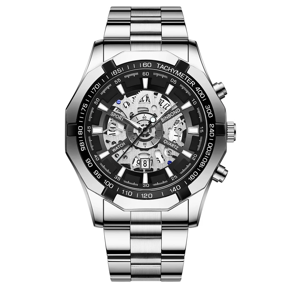 Reloj De Cuarzo Para Hombre, Acero Inoxidable De Lujo, Resistente Al Agua, Esfera Grande Esqueletizada.